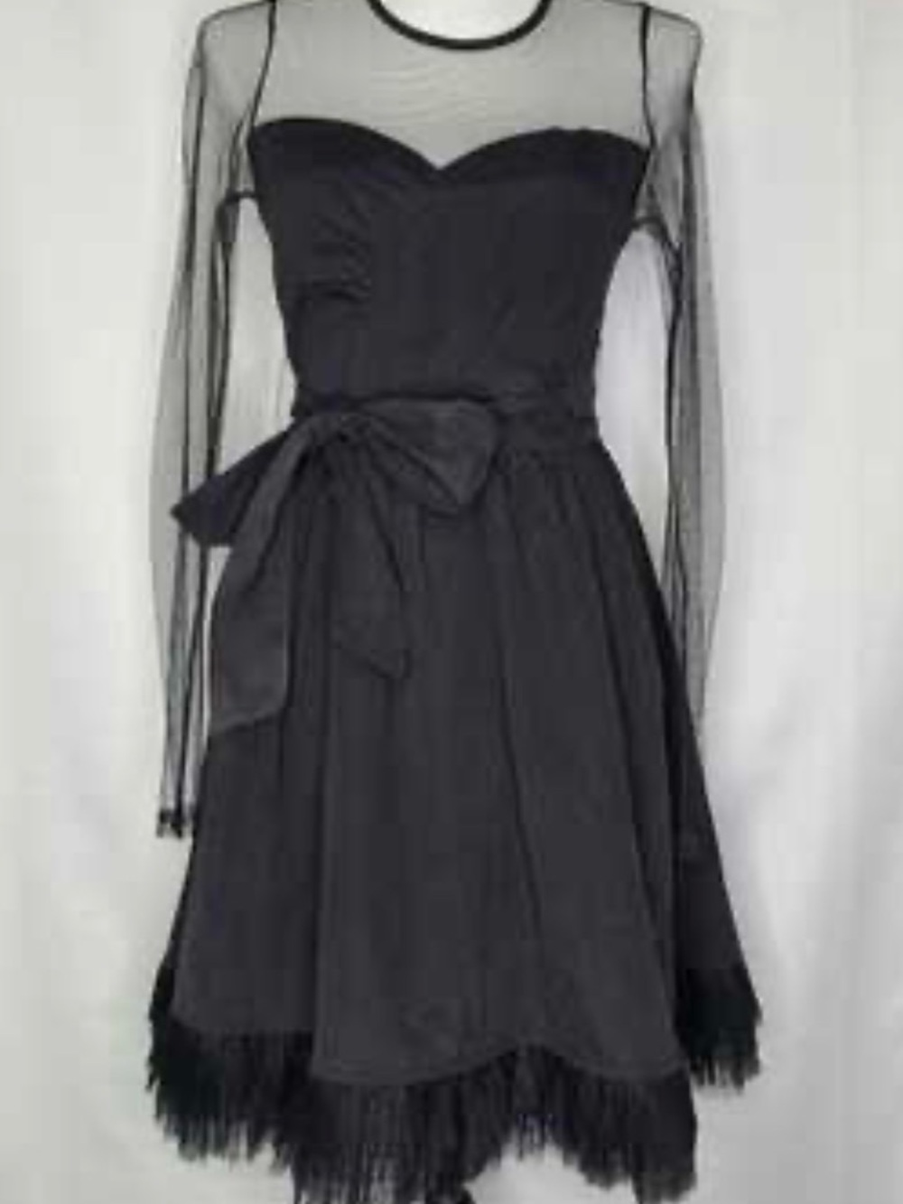 Anthropologie Black, Sheer Long-Sleeve, Bodice A-Line Dress with Bow, Size M